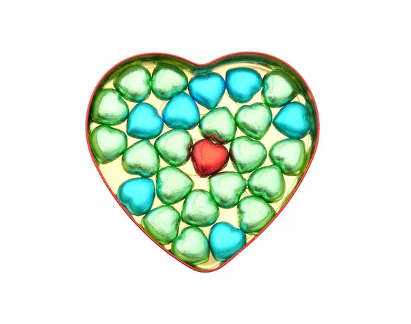 Caramelos Chocolate Forma Corazón Rojo Azul Verde Una Caja Lata — Foto de Stock