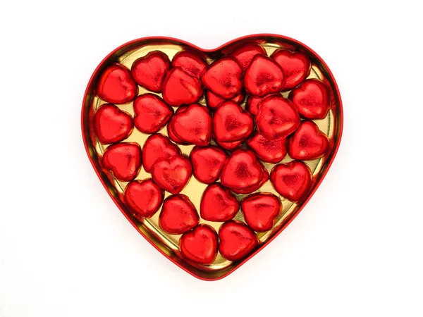 Caramelos Chocolate Forma Corazón Rojo Una Caja Lata Forma Corazón — Foto de Stock