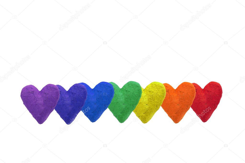 handmade paper hearts in rainbow colors, isolated on white background