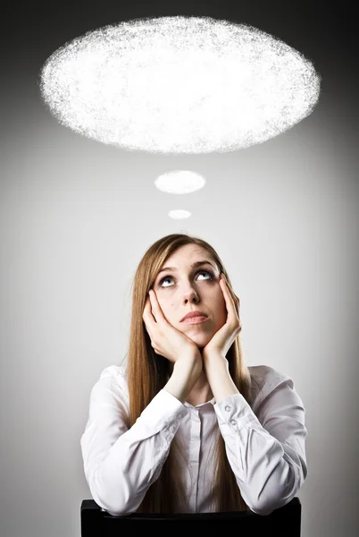 Woman in white and blank SPEECH BUBBLE — Stock Photo, Image