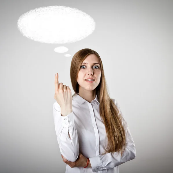 Pointing. Woman in white and blank SPEECH BUBBLE — Stock Photo, Image