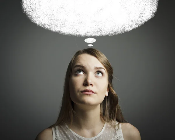 Girl in white and blank SPEECH BUBBLE — Stock Photo, Image