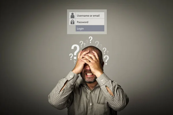 Frustrated. Forgot password concept. Question-marks — Stock Photo, Image