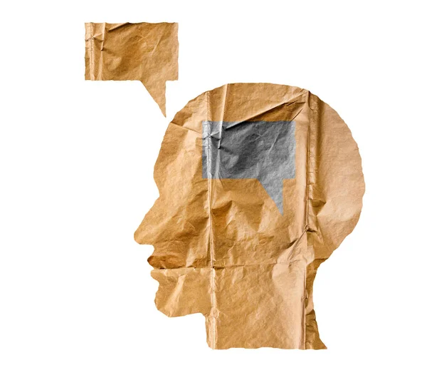 Crumpled paper shaped as a human head and talk balloon on white. — Stock Photo, Image