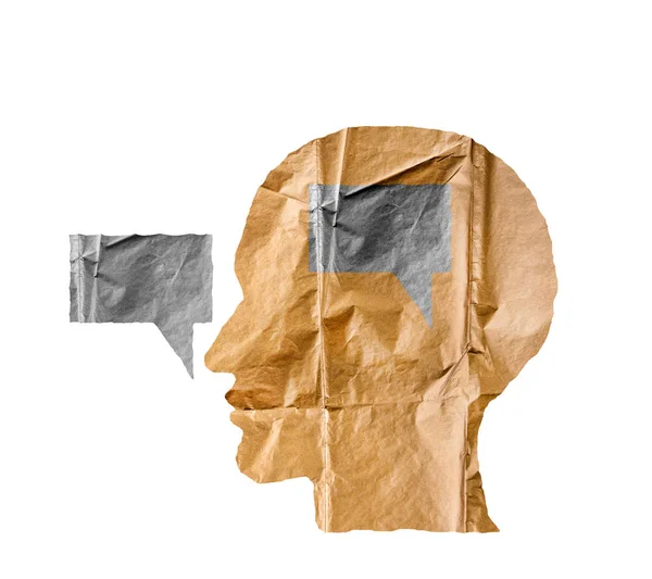 Crumpled paper shaped as a human head and talk balloon on white. — Stock Photo, Image