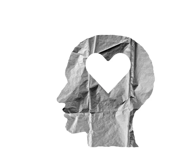 Crumpled paper shaped as a human head and heart on white. — Stock Photo, Image