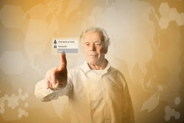 Old man is pushing the virtual button. Login and password concept — Stock Photo, Image