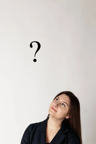 Young woman in blue and Question Mark. Question Mark. — Stock Photo, Image