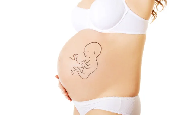 Piękna kobieta z dzieckiem malowane na brzuchu w ciąży — Zdjęcie stockowe