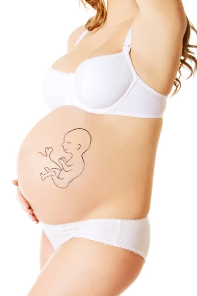 Mulher bonita com bebê pintado na barriga grávida — Fotografia de Stock