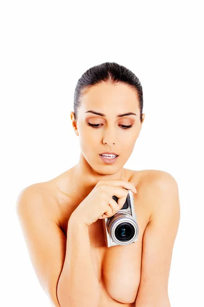 Nudo bella donna con macchina fotografica . — Foto Stock