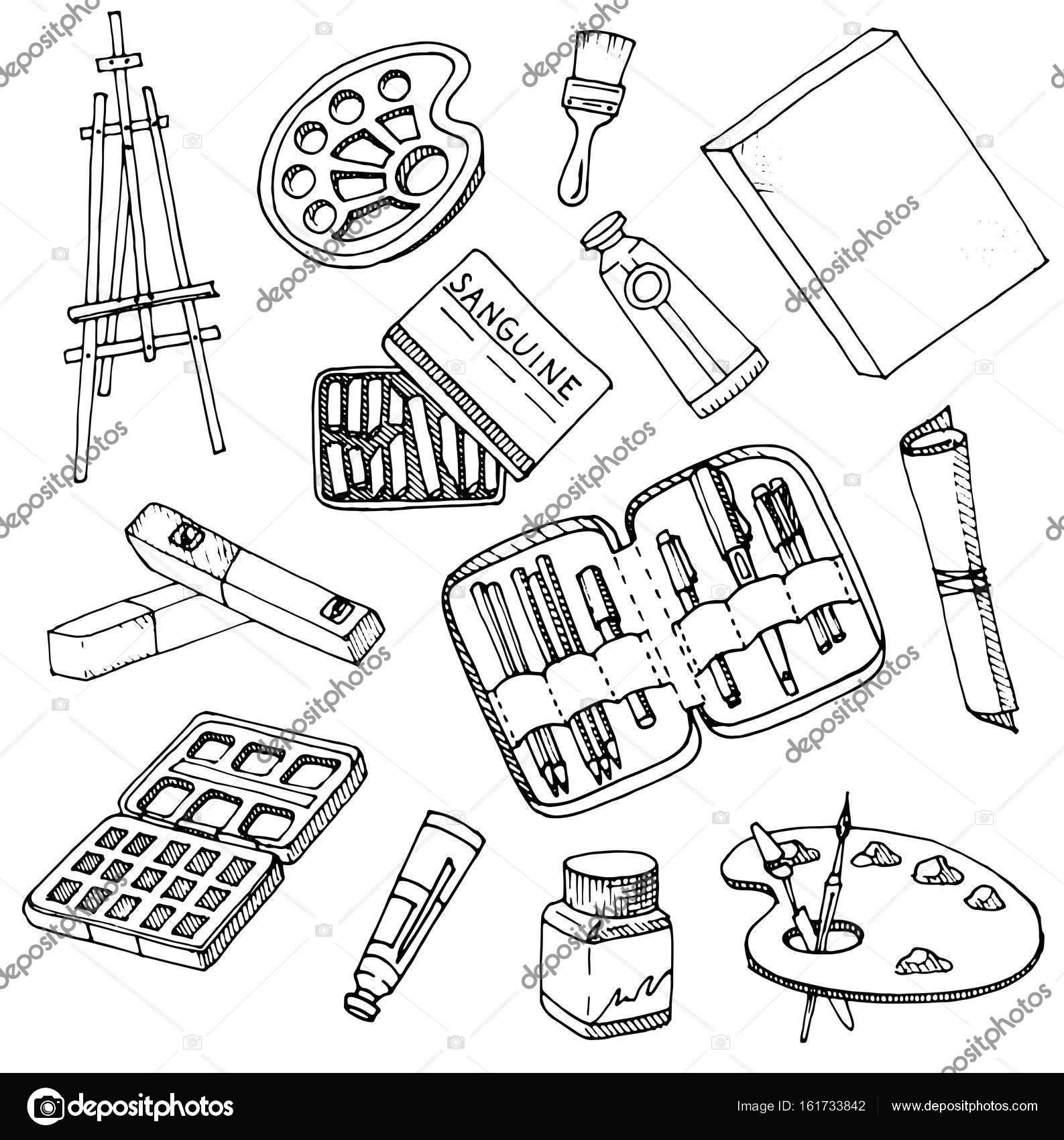 Hand Drawn Vector Doodle Illustration of Art Supplies. Stock
