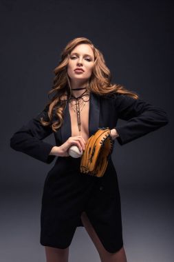 seductive woman in black jacket and curly hair posing with baseball mitt and ball clipart