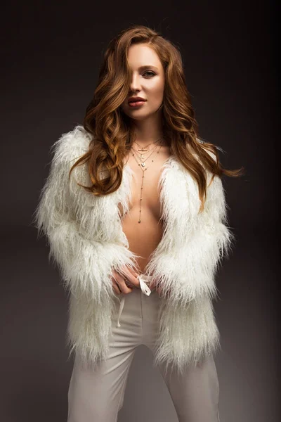 Sexy Girl Unbuttoned Fur Jacket Touching Trousers Belt — Stock Photo, Image