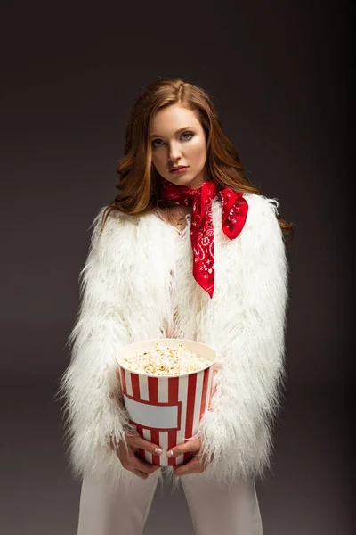 Serious Woman Stylish Outfit Standing Popcorn Box Isolated Gray — Stock Photo, Image