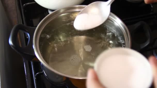 Tillsätt salt i kokande vatten — Stockvideo