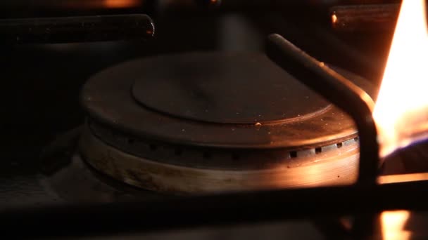 Ignition gas stove with a match closeup — Stock Video