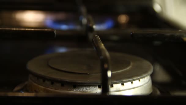 Ignition gas stove with a match closeup — Stock Video