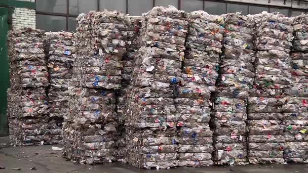 Кучи сжатых пластиковых бутылок, подготовленных для переработки — стоковое видео