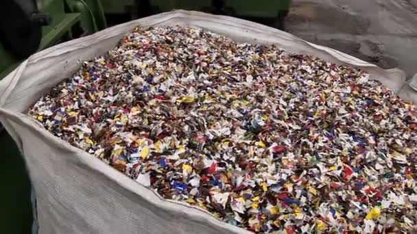 Frascos de plástico triturado en la bolsa preparados para reciclar — Vídeos de Stock