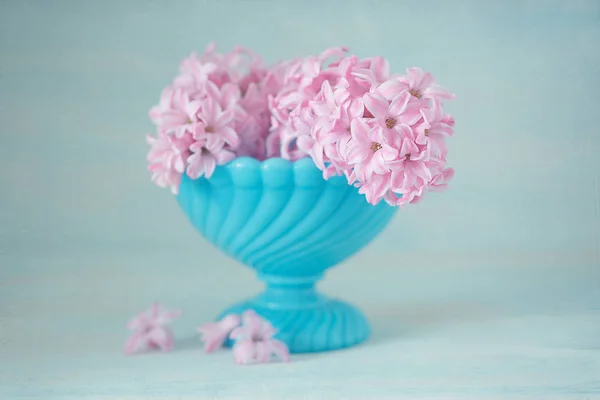 Pink hyacinths in a vase.