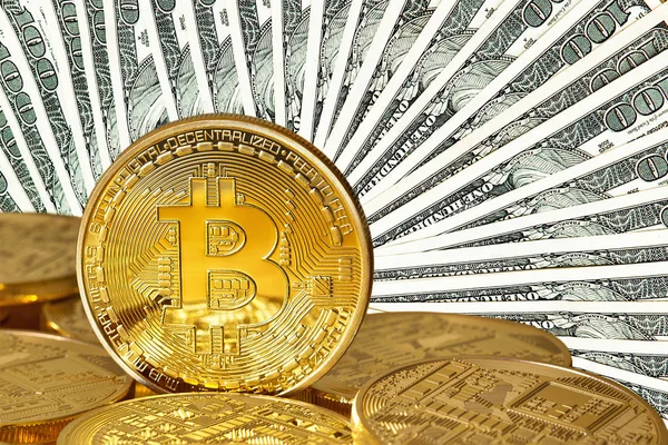 Golden Bitcoins.Conceptual Foto. Stockbild