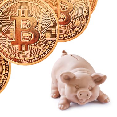 Altın Bitcoins ve kumbara .