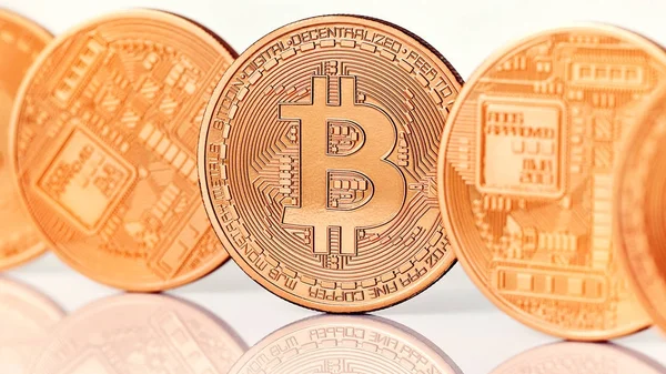Golden Bitcoins close-up. — Stock Photo, Image
