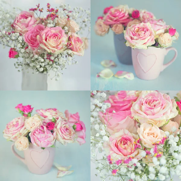 Bloem Collage Close Floral Samenstelling Met Een Roze Rozen Tegen — Stockfoto