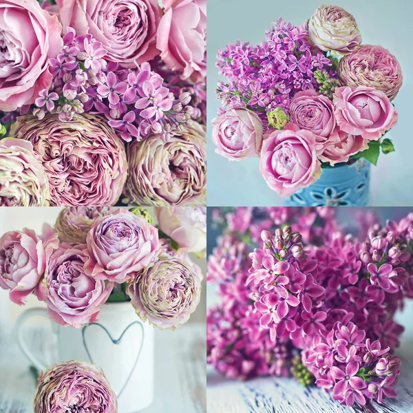 Blomma Collage Blomsterarrangemang Med Mycket Vackra Blommor Närbild Blommig Komposition — Stockfoto