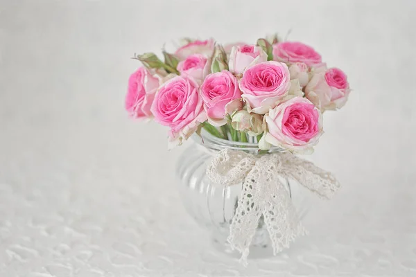 Close Floral Composition Pink Roses Many Beautiful Fresh Pink Roses — Stock Photo, Image