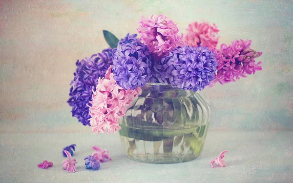 Mooie Hyacint Bloemen Een Mandje Een Blauwe Achtergrond Van Textuur — Stockfoto