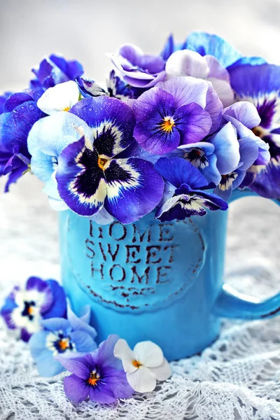 Photo Beautiful Purple Pansy Flowers Close Blue Mug Light Background — Stock Photo, Image