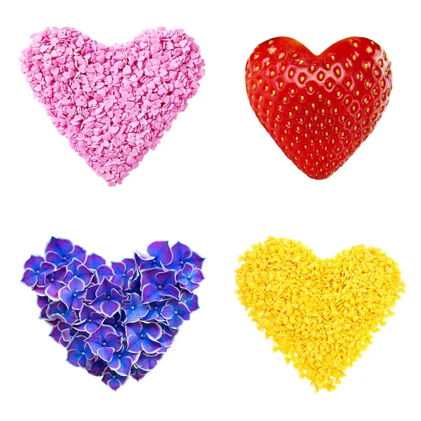 Set Decorative Hearts Made Different Things Petals Strawberries Pasta Berries — Stock Photo, Image