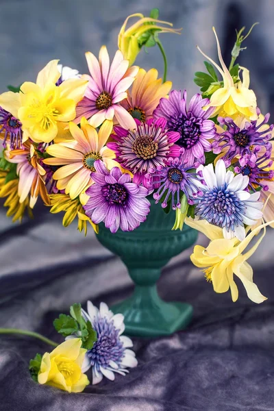 Beautiful Bouquet Spring Flowers Vase Table Lovely Bunch Flowers Many — Stock Photo, Image