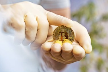 Altın Bitcoin ellerinde. Tıbbi eldivenler viral salgına karşı koruma amaçlı..