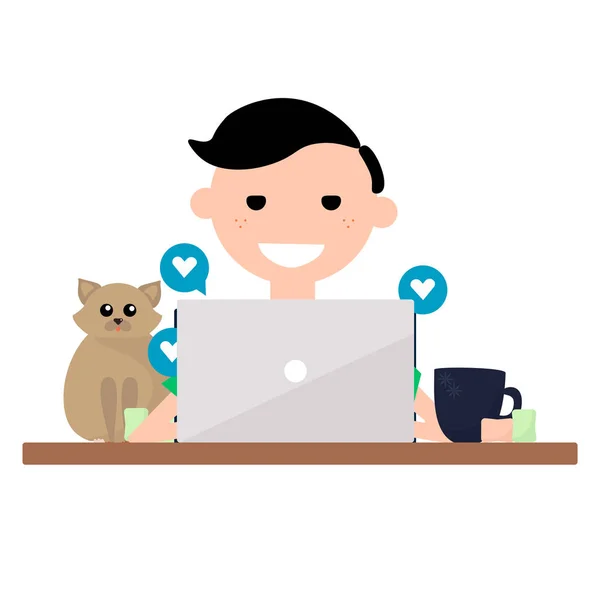 Bir çocuğun bir dizüstü bilgisayar ve bir kedi düz llustration