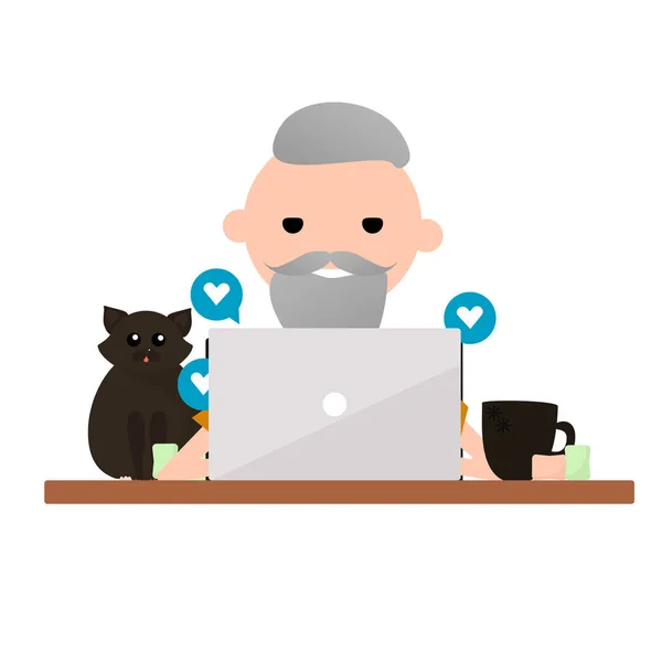 Bir gri saçlı adam bir dizüstü bilgisayar ve bir kedi resmi