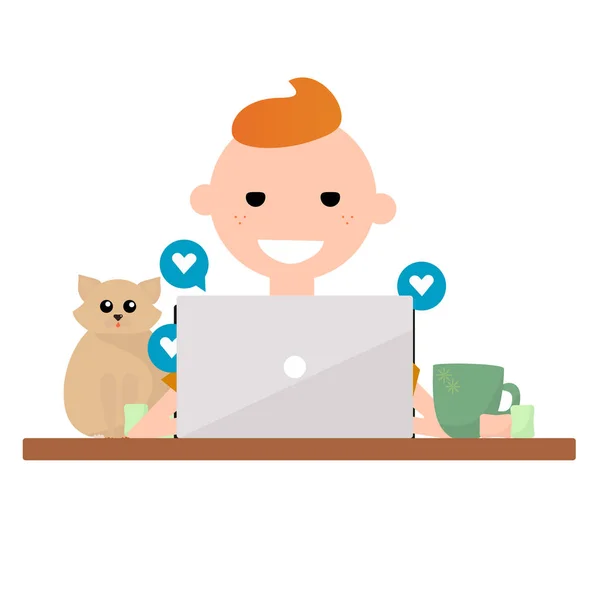  Bir dizüstü bilgisayar ve bir kedi olan Kızıl saçlı bir adam çizimi