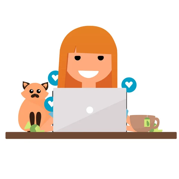 Kızıl saçlı bir kadın ile bir dizüstü bilgisayar ve bir kedi resmi.