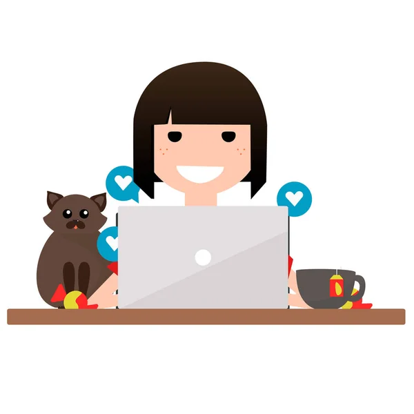 Bir dizüstü bilgisayar ve bir kedi siyah saçlı bir kadın resmi