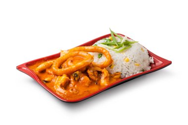 Kızarmış kalamar ızgara ve pirinç