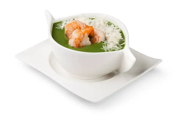 Spinach cream soup with shrimp — Stock Photo, Image
