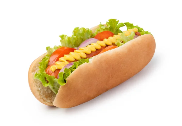 Hot dog με μουστάρδα απομονώνονται σε λευκό φόντο — Φωτογραφία Αρχείου