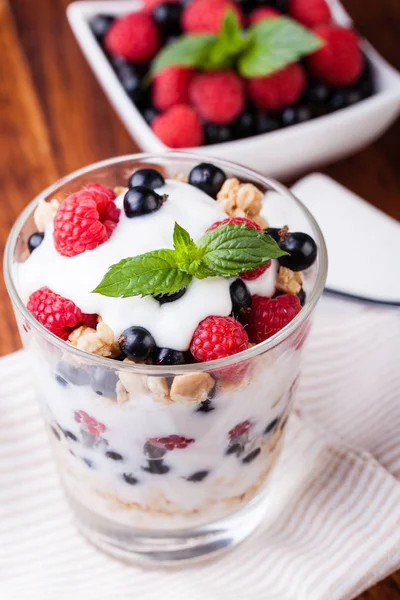 Yogurt with muesli and berries — Stock Photo, Image