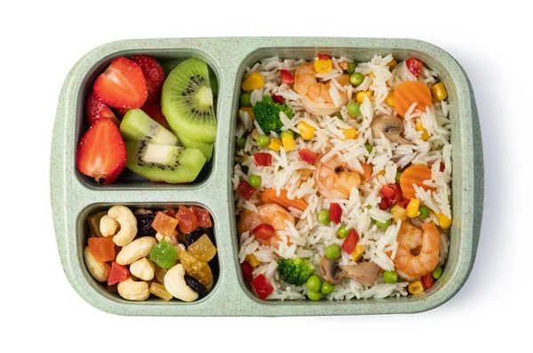 Scatola da pranzo con cibo delizioso su sfondo bianco — Foto Stock