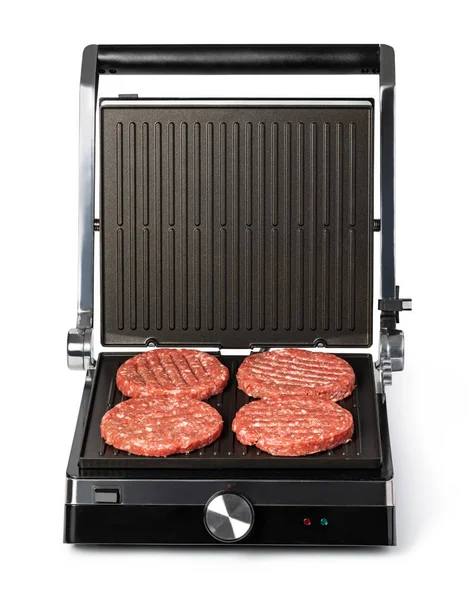 Electric grill and raw burger meat — Stockfoto