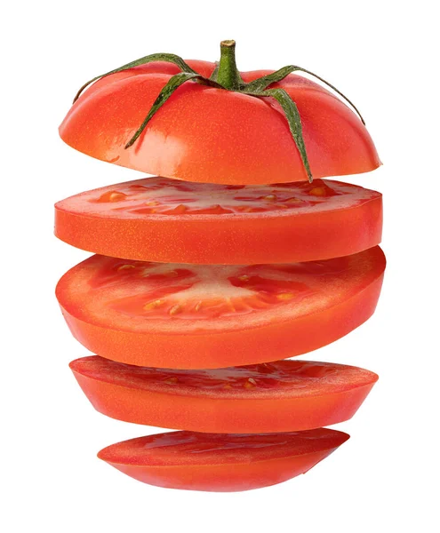 Ιπτάμενη Ντομάτα Κομμένο Κόκκινο Μήλο Απομονωμένο Λευκό Φόντο — Φωτογραφία Αρχείου