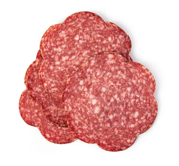 Fatias Salame Isolado Sobre Fundo Branco — Fotografia de Stock