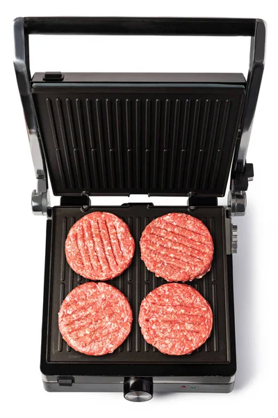 Electric Grill Raw Burger Meat Isolated White Background — Stockfoto